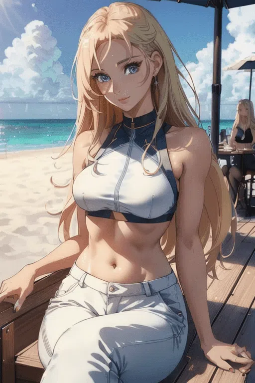 Blond anime model zittend op een bankje op het strand