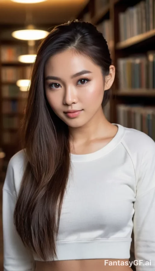Asian woman in a library waring a white shirt